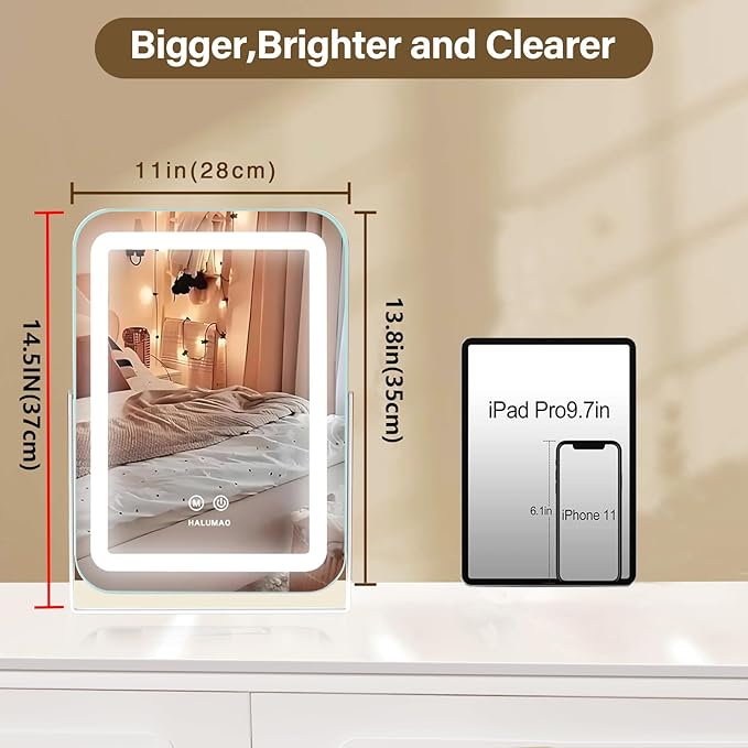 halumao Vanity Mirror with Lights, 14.5" Light Up Makeup Mirror, LED Makeup Mirror with Lights for Bedroom Tabletop, Smart Touch Control 3 Colors Dimmable, 360° Rotation