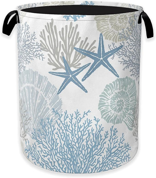 Collapsible Laundry Basket,Coastal Beach Dirty Clothes Hamper,Watercolor Shell Starfish Coral Hampers for Bedroom Waterproof Oxford Cloth Storage Organizer for Bathroom,Nursery,Dorm,16x20 Inch