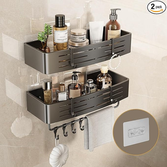 VOLPONE Shower Caddy No Drilling Shower Shelves for Inside Shower Heavy Duty Bathroom Organizer Storage Rack Adhesive with Towel Bar Hooks (2-Pack, Matte Gray)