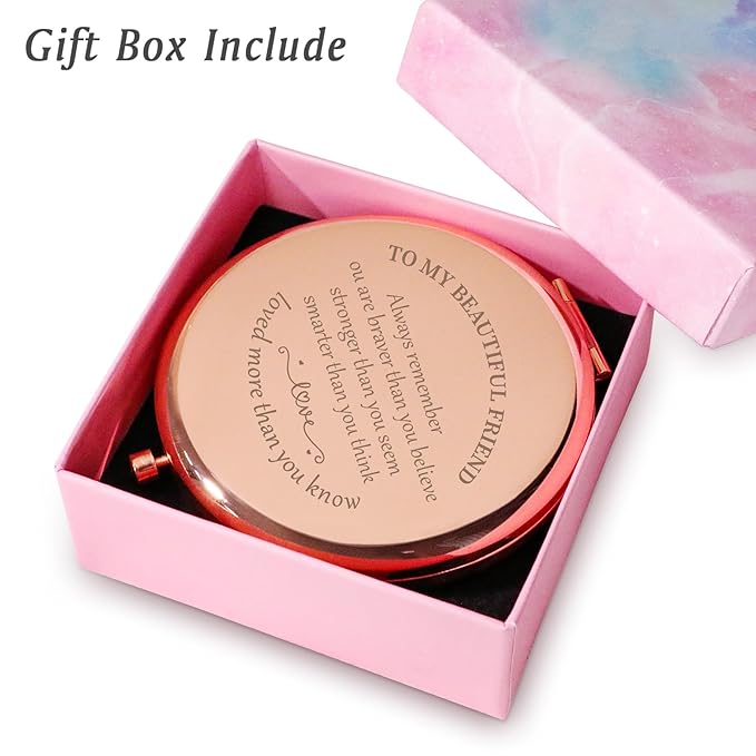 Friendship Gifts for Women Girls, Inspirational Friends Gifts for Birthday, Personalized Engraved Compact Mirror for Women Girl BBF Bestie Sister, Graduation Mothers Day Basket Stuffers