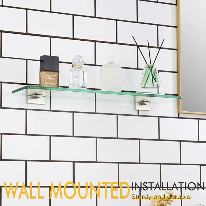 KOKOSIRI Floating Shelves Wall Mount 20-Inch Bathroom Tempered Glass Shelf Shower Storage Kitchen Rack, 2 Pack Brushed Stainless Steel B1107BR-L20-P2