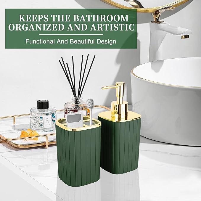 2PCS Bathroom Accessories Set, Dark Green Bathroom Accessories Include Soap Dispenser and Toothbrush Holder for Boho Bathroom Decor