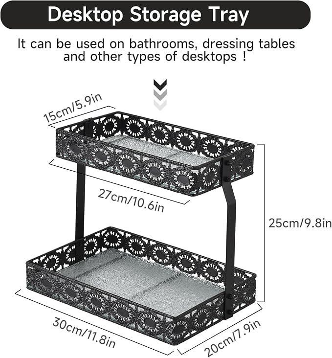 xiaojuande-Two Layer Glass Storage Tray with Portable Dressing Table Skin Care Product Organization Rack Corner Storage Rack for Bathroom Counter High-end Light - (Black)