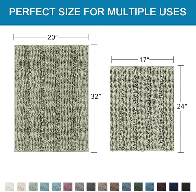 H.VERSAILTEX Bathroom Rug Sets 2 Piece Bath Mats Non Slip Thick Soft Chenille Striped Bath Rug achine Washable Shower Floor Rugs for Tub, Shower and Floor (Eucalyptus Green, 20" x 32"/17" x 24")