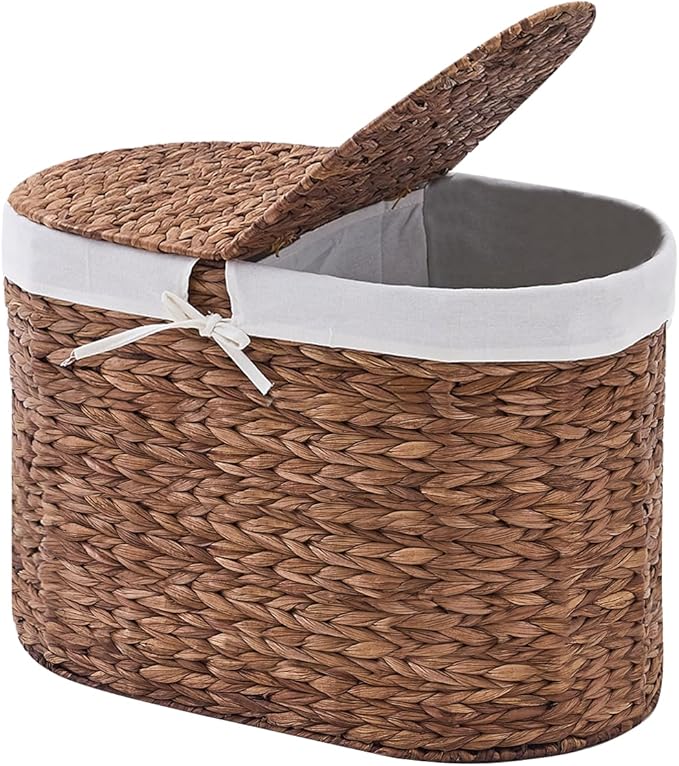 Laundry Hamper with Lid, Handwoven Water Hyacinth Clothes Hamper with Removable Liner Bags, 2 Section Wicker Laundry Basket for Bedroom, Laundry Room and Bathroom (Espresso, 70L)