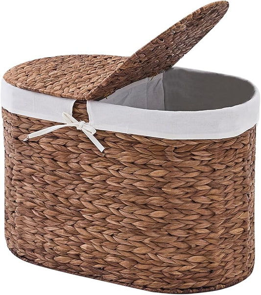 Laundry Hamper with Lid, Handwoven Water Hyacinth Clothes Hamper with Removable Liner Bags, 2 Section Wicker Laundry Basket for Bedroom, Laundry Room and Bathroom (Espresso, 70L)