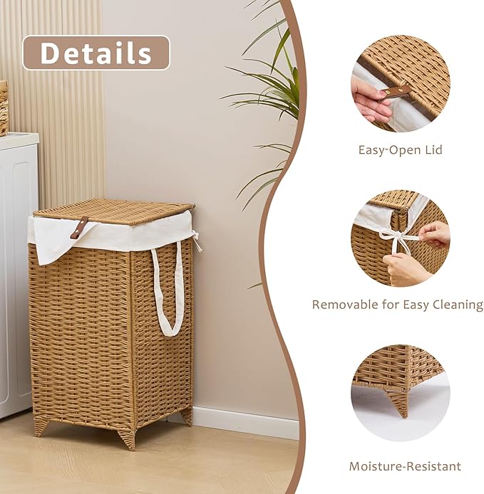 Handwoven Laundry Hamper with Lid, Natural Hyacinth Heightened Feet Laundry Basket, Wicker Clothes Hamper with Removable Liner Bag (Wicker, 65L)