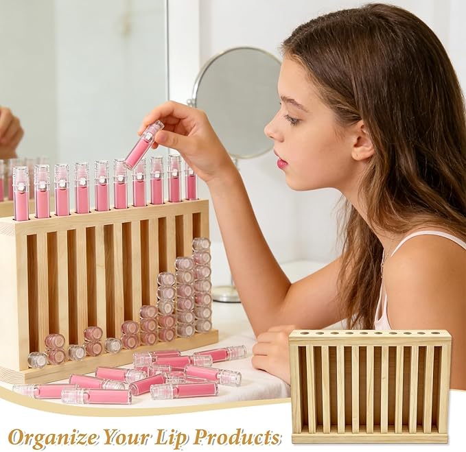 10 Slot Wooden Lipstick Holder with DIY Blackboard, 0.8 Inch Slot Lipstick Organizer Perfume Organizer for Drawer, Wood Lip Balm Display for Market, Craft Booth, Vanity & Room Display