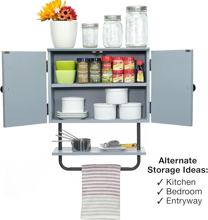 EXCELLO GLOBAL PRODUCTS 17x21” Barndoor Bathroom Wall Cabinet, Space Saver Storage Cabinet Kitchen Medicine Cabinet with Adjustable Shelf and Towel Bar, Rustic Gray