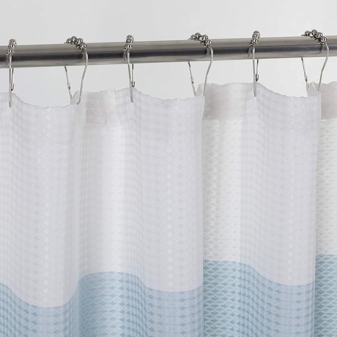 Dainty Home Waffle Weave Waterproof Shower Curtains for Bathroom, Blue 70 icnhes, Extra Long Shower Curtain, Waterproof Fabric 12 Roller Ball Hooks