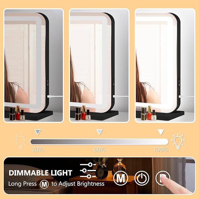 Ratsamee Vanity Mirror with Lights, Led Makeup Mirror, Lighted Makeup Mirror with 3 Color Dimmable Lights, Smart Touch Screen Control, Aluminum Metal Frame,USB Charging Port