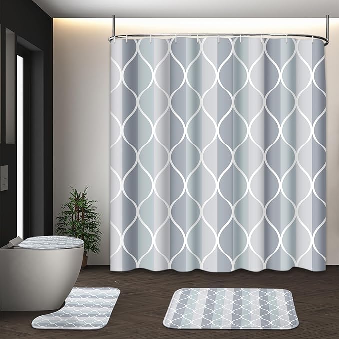 Geometric Grey Shower Curtain Set with Toilet Lid Cover and Non-Slip Rugs, Abstract 4 Pcs Shower Curtain for Bathroom, Modern Simple Bathroom Decor