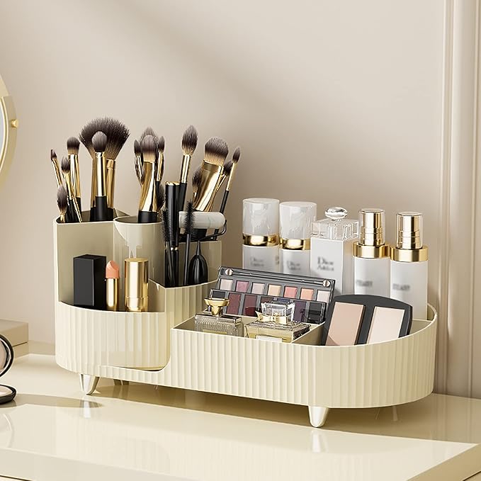 DASITON Large Capacity Makeup Brush Holder,360° Rotating Makeup Organizer,9 Slot Makeup Brushes Cup,for Vanity Decor,Bathroom Countertops,Desk Storage Container,Cosmetic Display cases(Cream-L)