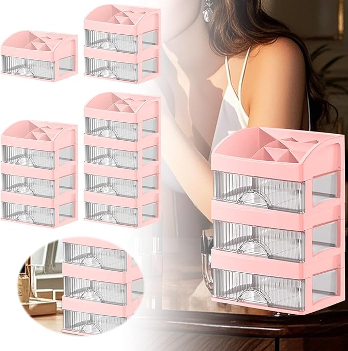 Makeup and Jewelry Organizer-Multilayer Transparent Drawer Storage,Desk Drawer Organizer-Cosmetics Jewelry Storage Cabinet,Desktop Rack for Stationery | Household Storage,for School Home (pink, XL)