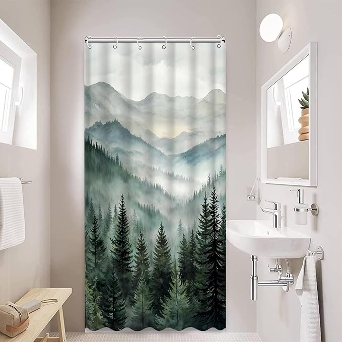 Accnicc Forest Mountain Shower Curtain Dark Green Nature Misty Pine Tree Shower Curtains for Bathroom Foggy Rustic Woodland Decorative Waterproof Fabric Bath Curtain Decor 36×72 Inches