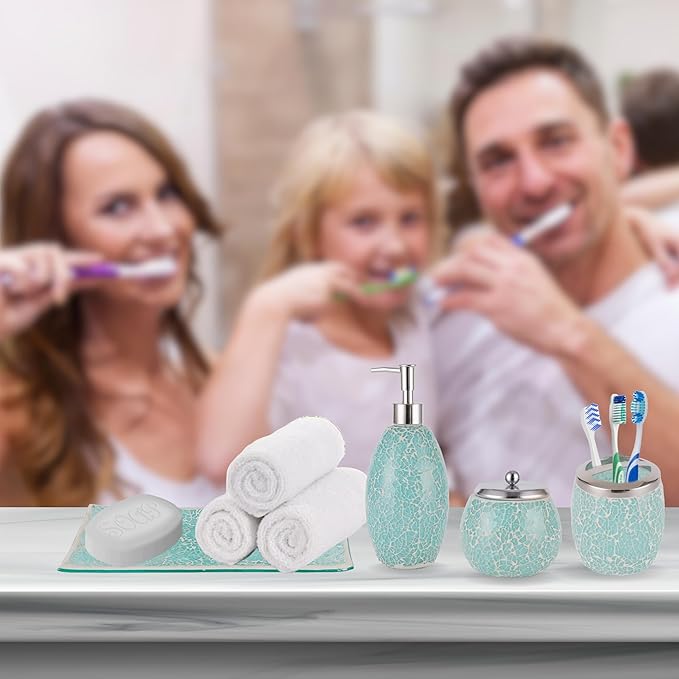Escenzy Stylish Green Bathroom Accessories Sets 4 Pcs | Luxurious Glass Soap Dispenser, Toothbrush Holder, Cotton Swab Jar, Vanity Tray | Modern Decor Bling Mosaic Glass Turquoise Bathroom Accessories