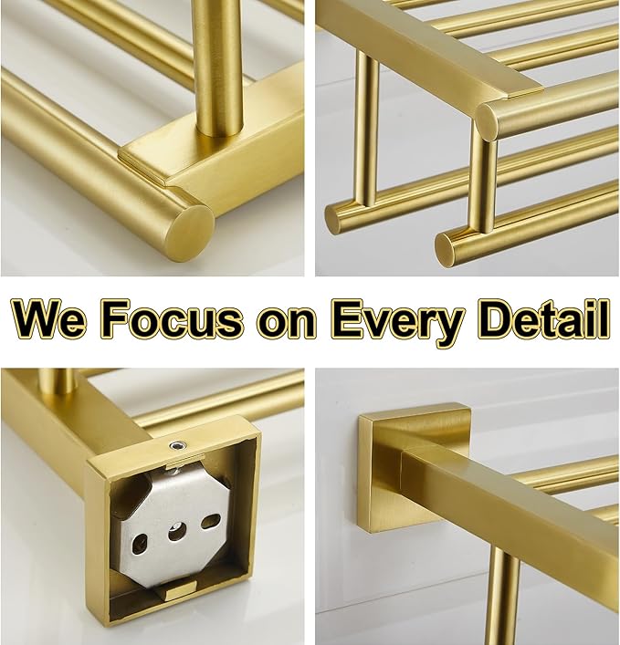 Bathroom Towel Rack 24 Inch Tower Holder with Double Towel Bar Brushed Gold Towel Rack Wall Mounted SUS304 Stainless Steel Hotel Towel Shelf Modern Towel Hanger