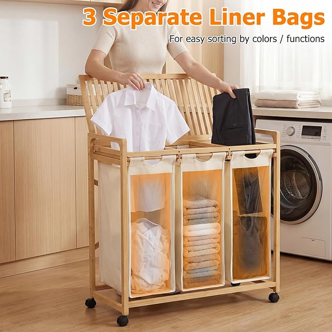 Bamboo Laundry Hamper 3 Section with Lid, 150L Laundry Sorter with Lockable Wheels, Pull-Out Removable Washable Bags, 3 × 12.5 Gal Divided Laundry Baskets for Laundry Room, Bathroom (Beige)