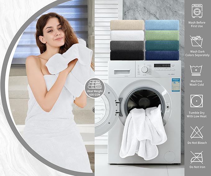 8 Piece Bathroom Towel Set White |2 Oversized Large Bath Towels Sheet,2 Hand Towels and 4 Washcloths| 600GSM Ultra Soft Luxury Premium Towel Set Highly Absorbent Quick Dry Hotel Towel Collection