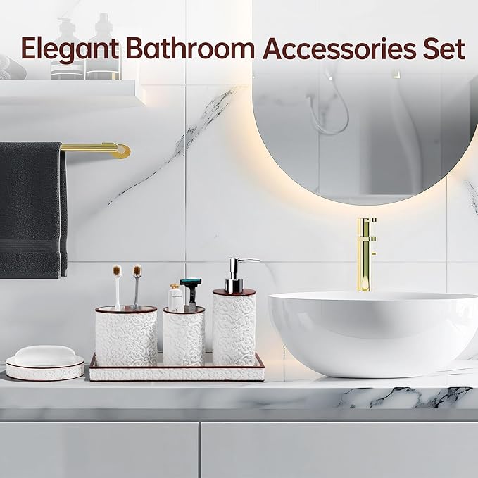 YMXYJM Bathroom Accessories Set, Elegant Handmade Floral Pattern, 5 Pcs Bathroom Accessory Set, Soap Dispenser, Toothbrush Holder, Qtip Holder, Complete Bathroom Sink Set, White