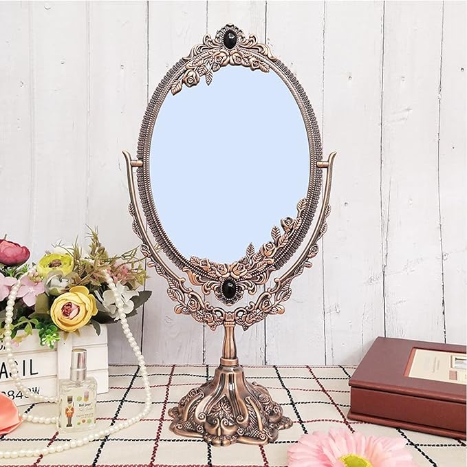 Guppy Small Metal Vintage Makeup Mirror, Floral Tabletop Oval Cosmetic Mirror, Vintage Swivel Double Sided Cosmetic Mirror, with Embossed Frame Base, Retro Mirror for Dressing Room Bedroom-Silver