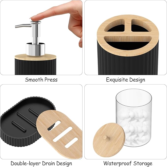Bathroom Accessories Set 22 Pcs, Complete Bathroom Decor Set with Shower Curtain, Hooks, Waste Bin, Soap Dispenser, Toothbrush Holder, Black Bathroom Accessory Kit for Home Decor