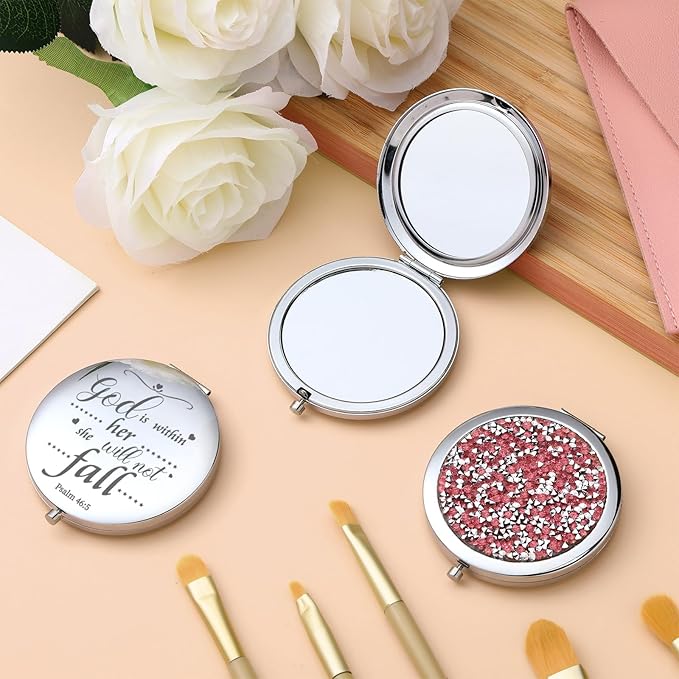 Thyle 12 Pcs Christian Compact Mirror Gifts for Women Mother's Day Nurse Week Bible Verse Wallet Mirror Bulk Hand Makeup Compact Religious Baptism for Holy Communion Teacher(Same,Pink)