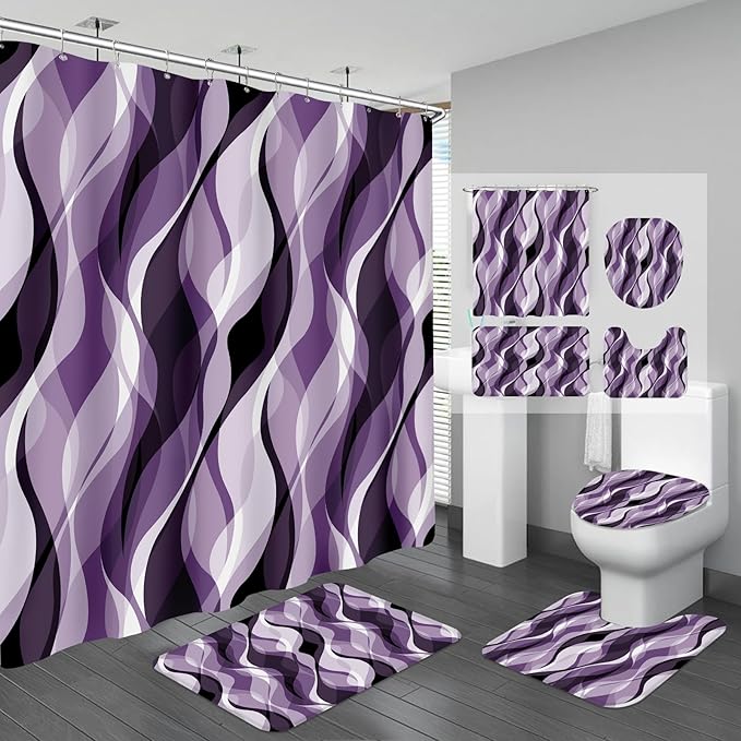 4PCS Purple Bathroom Sets with Shower Curtain and Rugs, Lavender Abstract Striped Shower Curtain Sets with Rugs, Modern Luxury Bathroom Curtains Shower Set with Toilet Lid Cover