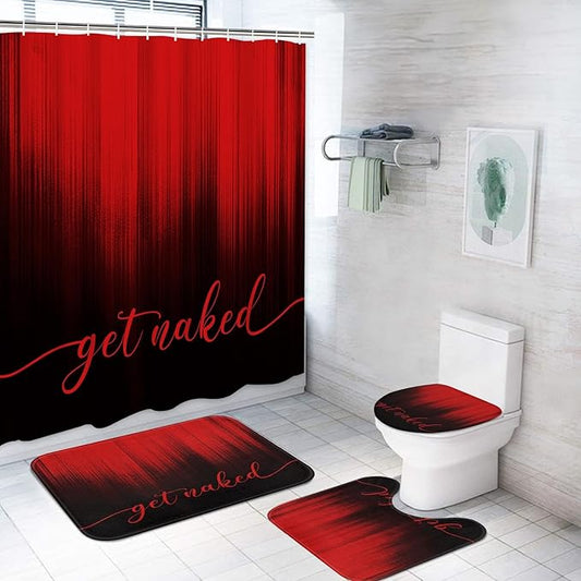 ArtSocket 4PC Red Black Ombre Get Naked Modern Simple Shower Curtain Sets Bathroom Decor with Rugs, Non-Slip Rug,Toilet Lid Cover, Bath Mat and 12 Hooks 72x72 inches