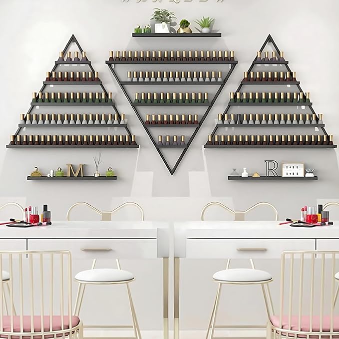Wall-Mounted Nail Polish Rack, Set of 6 Triangular Blcak Nail Polish Shelf 5-Tier Lipstick Perfume Cosmetic Display Shelf for Home Spa Nail Salon Shop