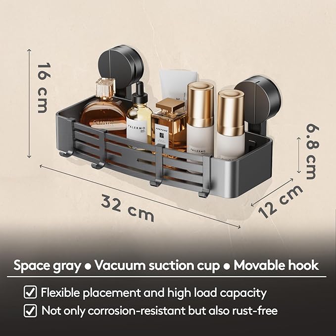 Suction Cup Shower Caddy Without Drilling | 4 Hooks, 32 cm Length, 10 kg Load Capacity, 1-Minute Installation | Removable and Rust-Free Shower Shelf
