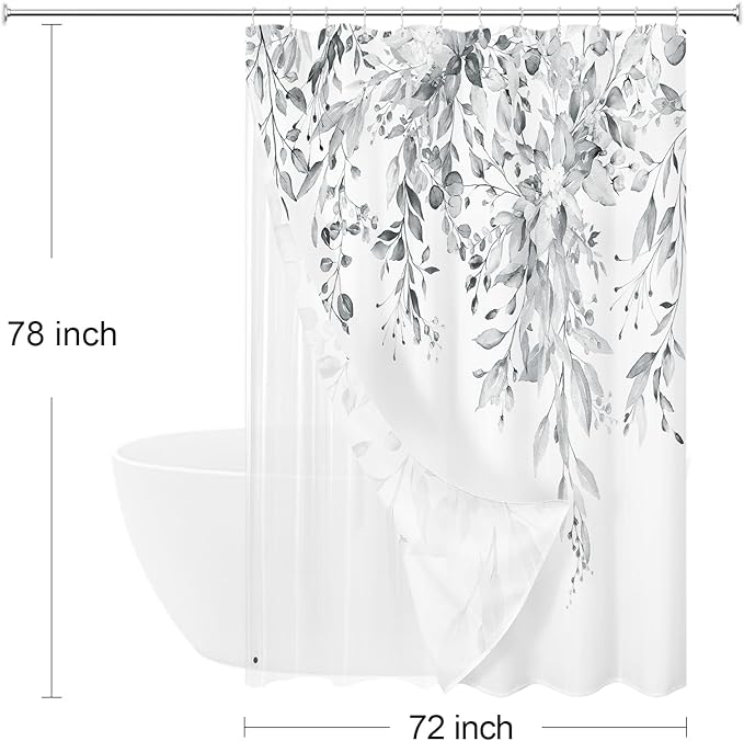 Gibelle Long 3 in 1 Shower Curtain Set, Watercolor Eucalyptus Bath Curtain and PEVA Liner Set with 12 Metal Hooks, Modern Waterproof Fabric Bathroom Curtain 72x78, Grey