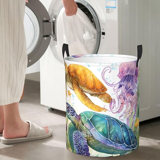 Sea Turtle Laundry Hamper, Collapsible Storage Basket with Handles for Clothes, Bedroom, Bathroom 19.6 x15.7 Inch