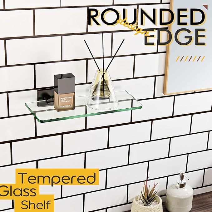 KOKOSIRI Bathroom Wall Shelves Glass Floating Shelf 12-Inch Tempered Glass Rack Shower Storage Decor, Oil Rubbed Bronze Stainless Steel B1107ORB-L12