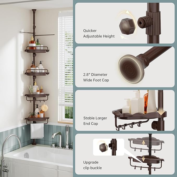 Corner Shower Caddy Tension Pole Brown Shower Caddy 18/8 Stainless Steel Rustproof 4 Tier Adjustable Shower Organizer Bathroom Shelves Storage Rack 32-122inch