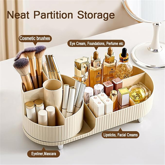 Makeup Organizer for Vanity, Rotating Organizer, Desk Cosmetics Organizers Storage Skincare, Nail Polish, Lipsticks, Jewelry, Large Capacity Cosmetic Display Cases, Creamy White (HS001)