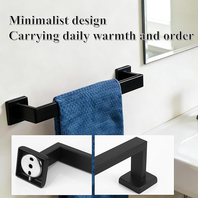 2 Packs 16 Inch Bathroom Towel Bar SUS304 Stainless Steel Matte Black Towel Holder Wall Mounted Heavy Duty Towel Rack Bathroom Towel Rod Modern Square Base Design(2, Matte Black, 16 Inch)