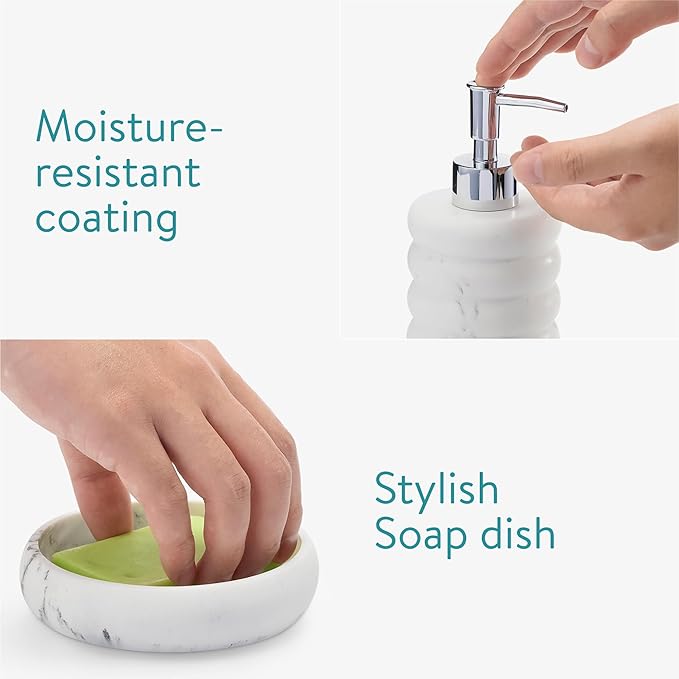 Navaris Decorative Bathroom Accessories Set - 3-Piece Bath Accessory Kit with Toothbrush Holder Liquid Soap Dispenser and Soap Dish Tray Set - White Marble