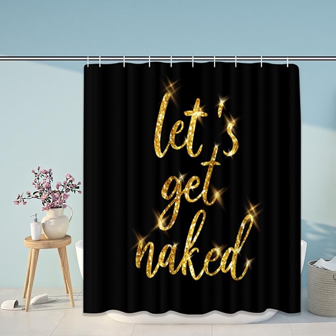 ArtSocket 4PC Gold Let's Get Naked Shower Curtain Sets Yellow and Black Bathroom Decor with Rugs, Non-Slip Rug,Toilet Lid Cover, Bath Mat and 12 Hooks 72x72 inches