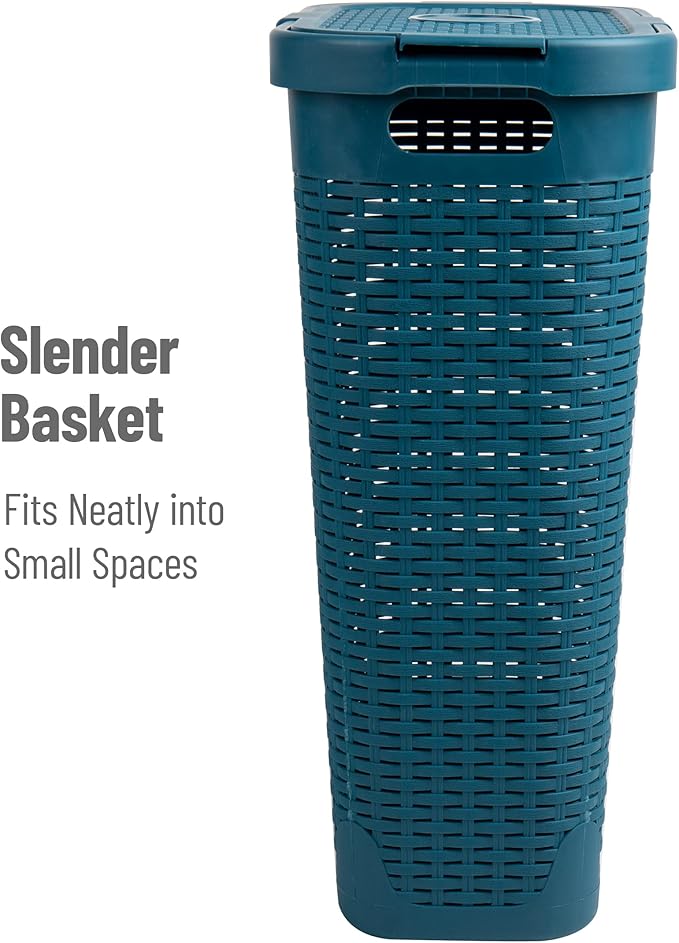 Mind Reader Slim Laundry Hamper with Lid, 40L Clothes Basket, Narrow Tapered Design with Ventilated Cutout Pattern, Plastic, Set of 2, Blue