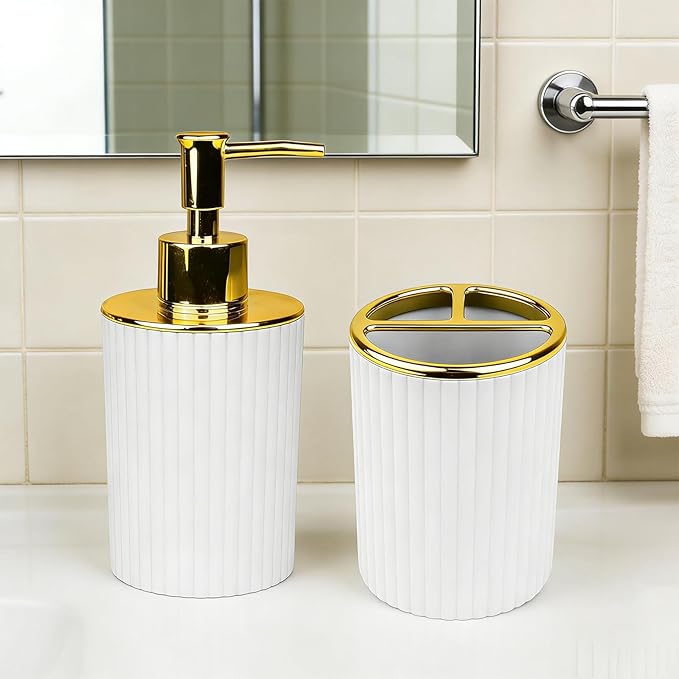 Bathroom Accessories Set, 2-Piece White & Gold Soap Dispenser & Toothbrush Holder, Modern ABS Vanity Organizer for Countertop, Minimalist Bathroom Decor