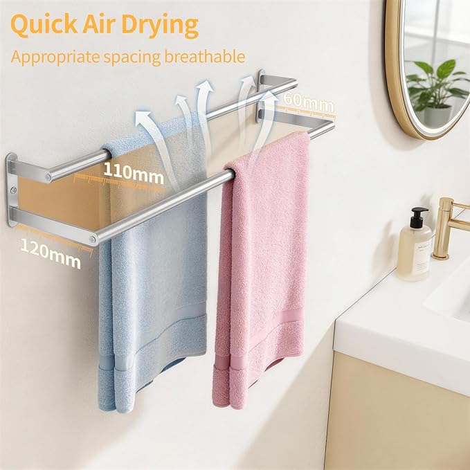 Double Towel Bar, 24Inch Towel Rack for Bathroom Wall Mounted, Stainless Steel Double Bath Towel Bar, Wall Towel Holder for Bathroom, Double Towel Rod Towel Hanger for Wall (Brushed Nickel)