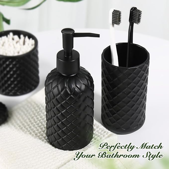 RYTOXILO Matte Black Bathroom Accessories Set, 4 Pack Black Bath Accessory Sets Complete, Diamond Glass Soap Dispenser and Toothbrush Holder Set for Countertop, Gothic Decor Organizer Essentials