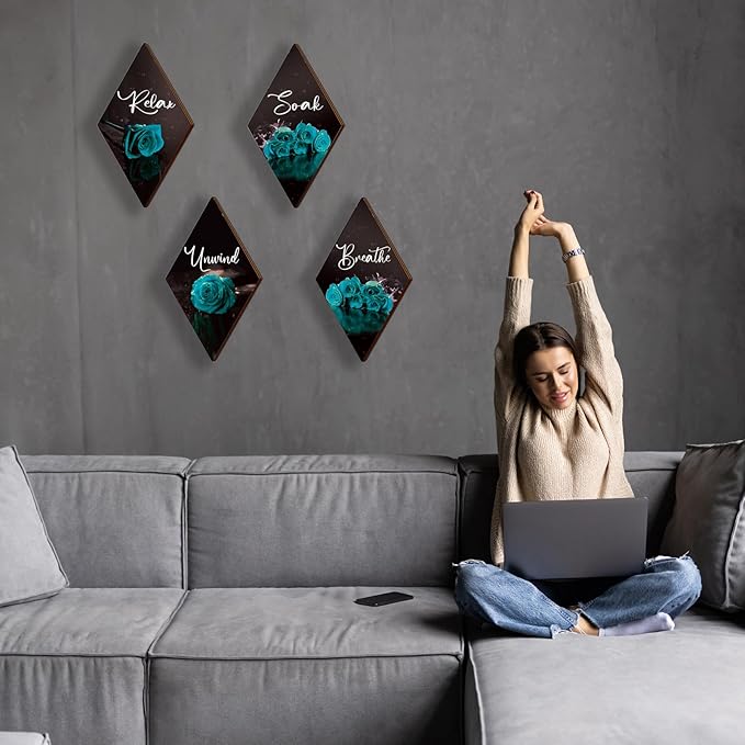ONIZHITY Set of 4 Teal Bathroom Decor Rose Wooden Wall Decor Turquoise Bathroom Decor Romantic Farmhouse Teal Wall Decor Breathe Soak Unwind Relax Signs for Office Room Bedroom (teal 12 x 7)