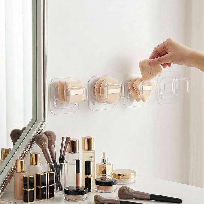 4PCS Adhesive Powder Puff Holder, Wall Mounted Sponge Caddy, Invisible Makeup Sponge Holder for Bathroom - Fits Various Powder Puffs & Saves Space (4.5 * 3.5 * 4.3cm)(Clear)