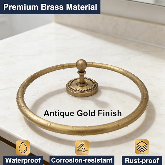 Towel Ring Antique Brass, Towel Holder for Bathroom Wall Mounted, Gold Hand Towel Ring, Round Towel Rack Hanger for Bath, Kitchen
