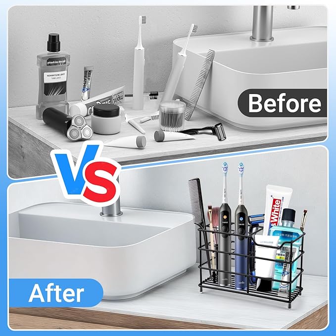 Toothbrush Holders for Bathrooms, Stainless Steel Toothbrush Holder for Kids and Adults, Electric Toothbrush and Toothpaste Holder, Rustproof Bathroom Accessories Organizer, Black Large