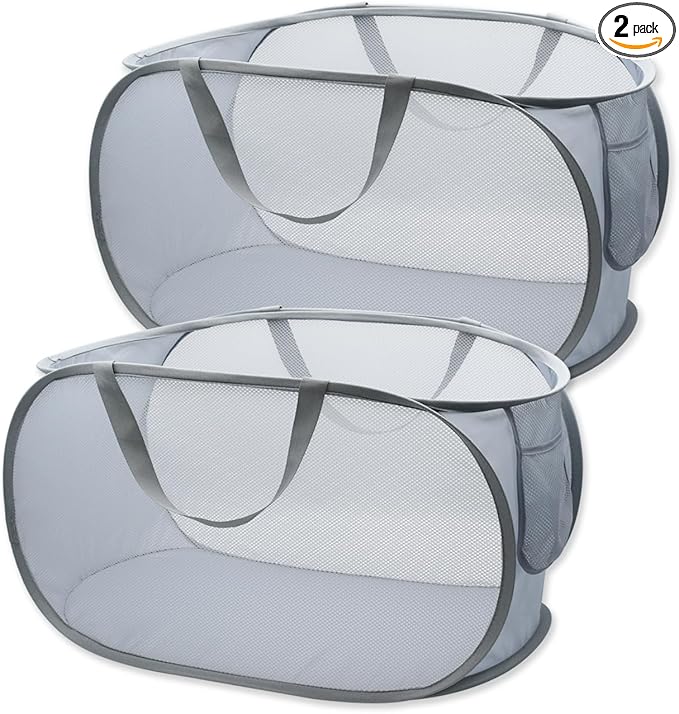 HONOMA Sturdy Mesh Laundry Hamper Basket Bag,Pop up Basket with Side Pocket for Laundry Room, Bathroom, Kids Room, College Dorm or Travel (Pop Horizontal, Grey + Grey)