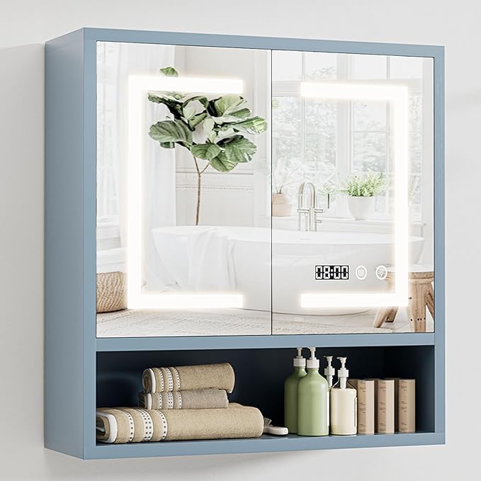 Bathroom Medicine Cabinet with Mirror, Lighted Storage Cabinet Wall Mounted with Doors & Adjustable Wood Shelf, Modern Bathroom Mirror with LED Lights Defogger for Makeup Laundry/Living Room, Grey