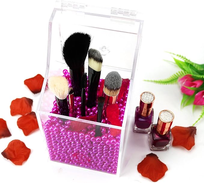 Clear Cosmetic Brush Organizer,Acrylic Brush Holder with Lid,Dust-proof Makeup Brush Holder with Free Rosy Pearls for Vanity Counter-top - NEWCREA